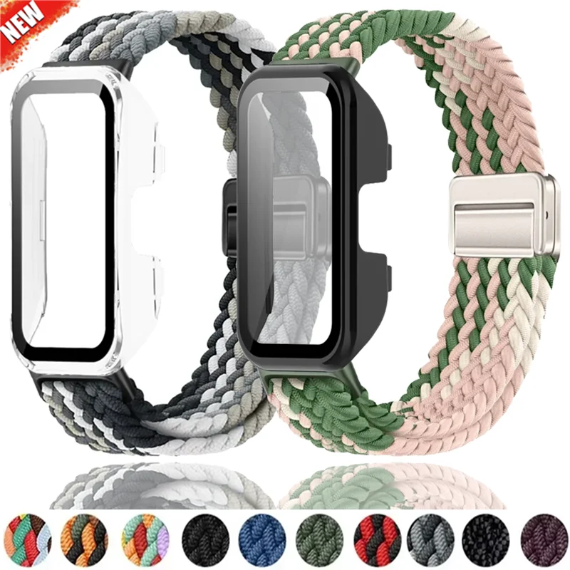 PC-Gehäuse + Nylonband für Huawei Band 10 9 8, magnetisches geflochtenes Schlaufenarmband, Armband für Huawei Band 10 9 Protecton Shell Correa
