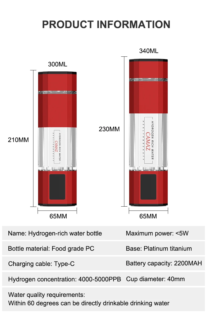 Hydrogens Generator ถ้วยกรองน้ํา 300ML 340ML เครื่องกําเนิดไฟฟ้าอัลคาไลน์ Rich ไฮโดรเจนน้ําแบบพกพาขวด PURE H2 Electrolysis