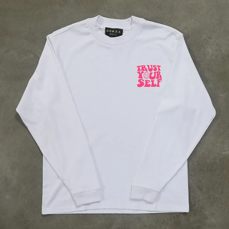 Charity Money Making Oversize Long Sleeve T-Shirt 280g Heavy Cotton Letter Print Casual round Neck Top for Young Men