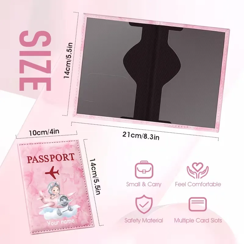 Personalized Custom Name Pink Dreamy Flight Theme Passport Holder, Cartoon Female Driving Airplane Pattern Design