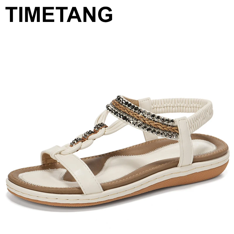 

Повседневные удобные женские сандалии на танкетке с плоской подошвой, утолщенные резиновые сандалии с бриллиантами в этническом стиле, летние нескользящие сандалии с мягкой подошвой