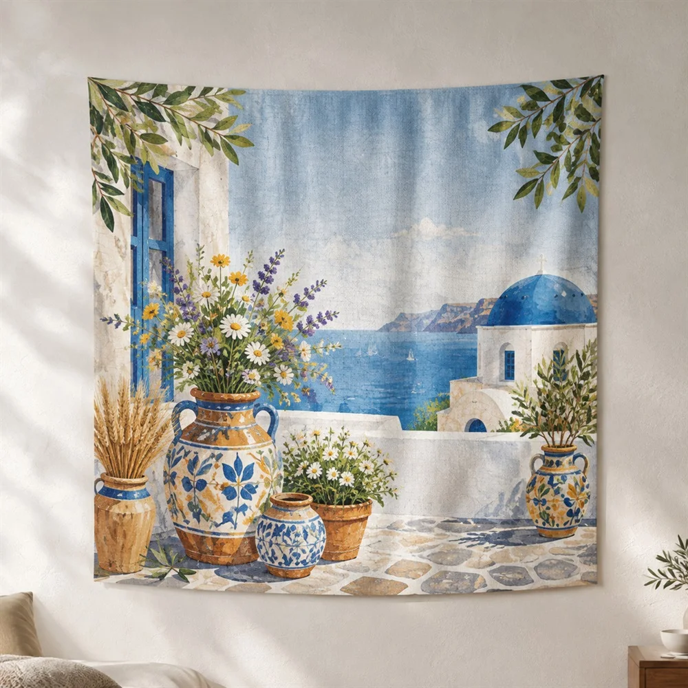VIKAMA Terracotta Vase Flowers Clustered Groups Tapestry Wall Hanging, Mediterranean Wall Art Tapestries for Living Room Bedroom