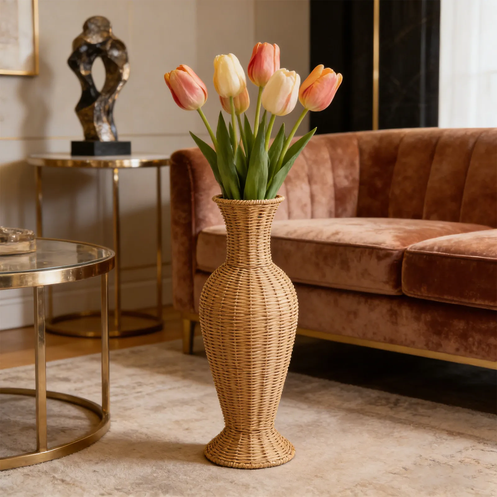 Simulation Rattan Woven Flower Vase Tall Floor Wicker Vase Large Rustic Decorative Holder for Dried Flower Pampas Grass Boho view 5
