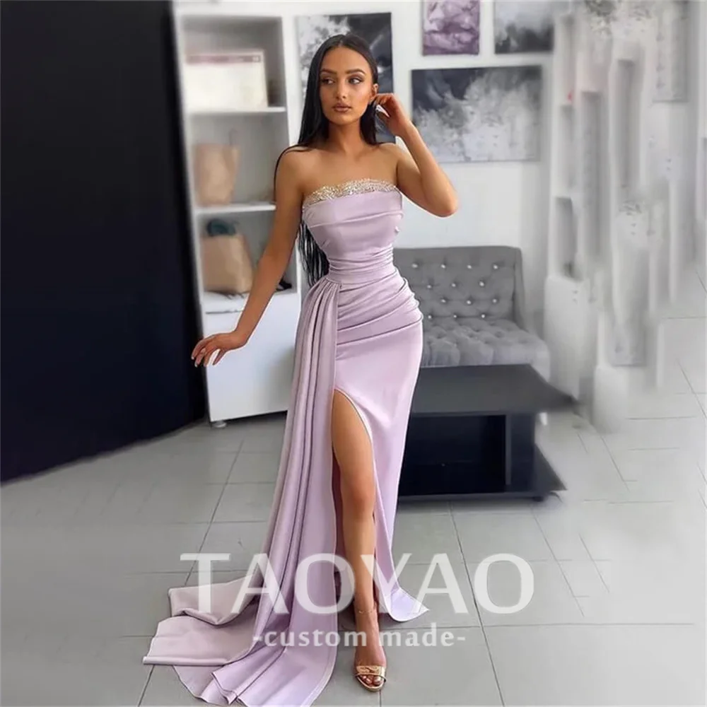 Stunning Mermaid Evening Dresses Strapless Wedding Dress Sequined Sleeveles Party Dresses Slit Prom Dress Vestidos De Fiesta