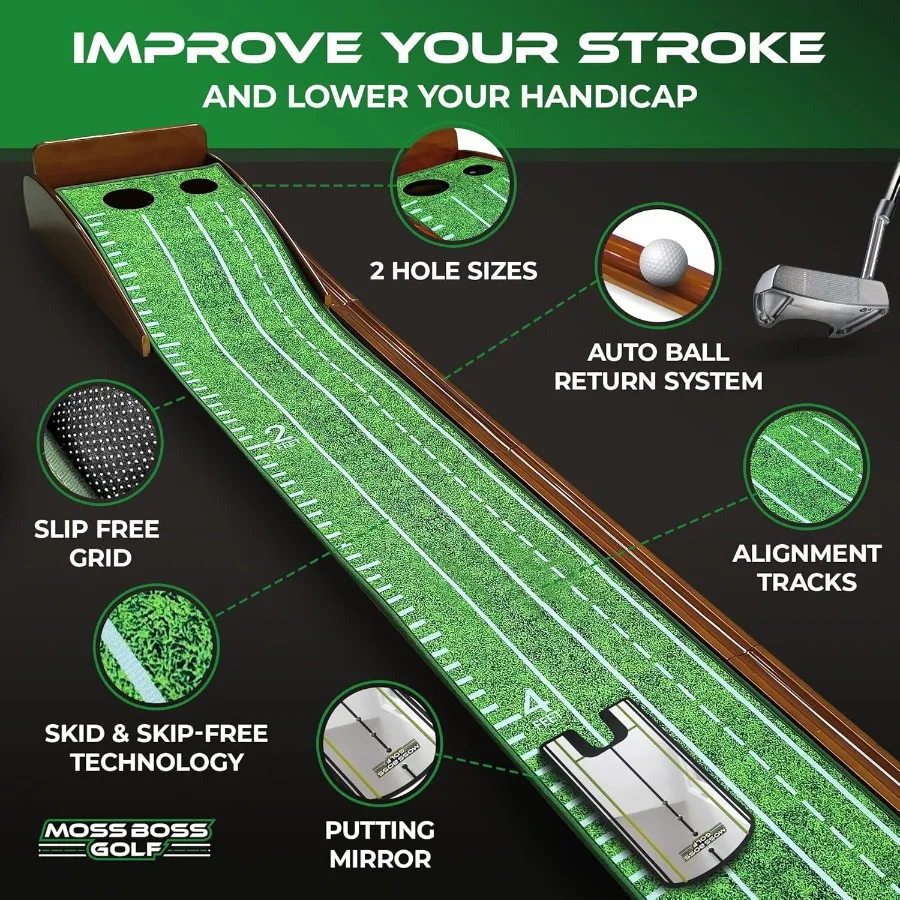 Indoor Golf Practice Mat with Automatic Ball Return Track and Putting Mirror for Home Office and Mini Games Perfect Training To