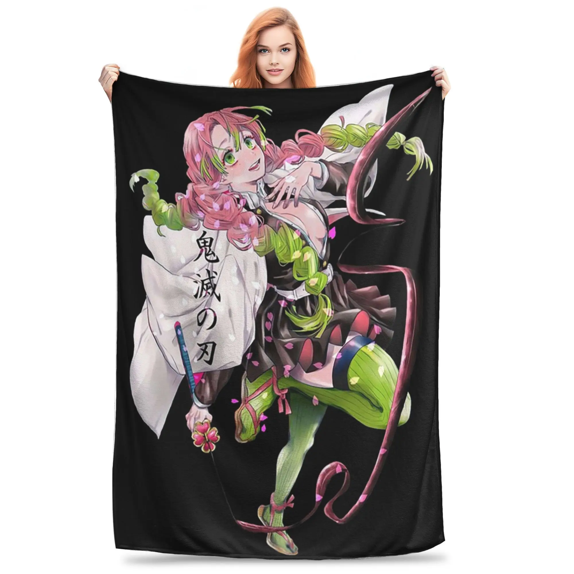 Mitsuri Kanroji and Iguro Obanai Blanket Soft Warm Flannel Throw Blanket Bedspread for Bed Living room Picnic Travel Home Sofa