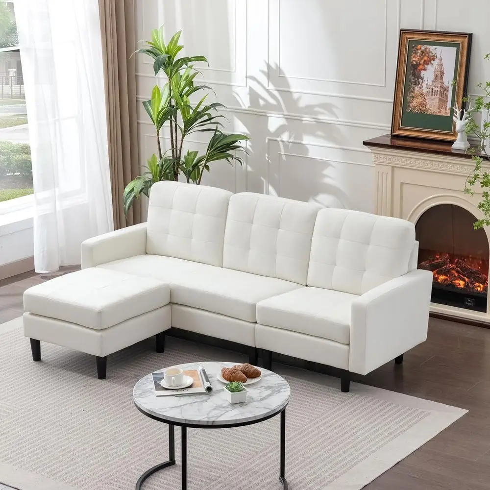 Modern White Linen L-Shaped Sectional Sofa with Reversible Chaise for Living Spaces