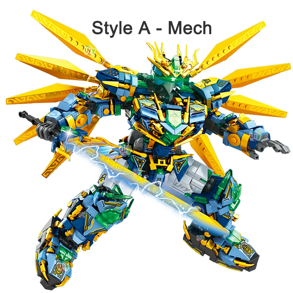 2in1 Ninja Blue Warrior Robot Battle Mech Flying Fire Dragon Set Fighter Figures Building Blocks Toys for Kids Boy Chritmas Gift