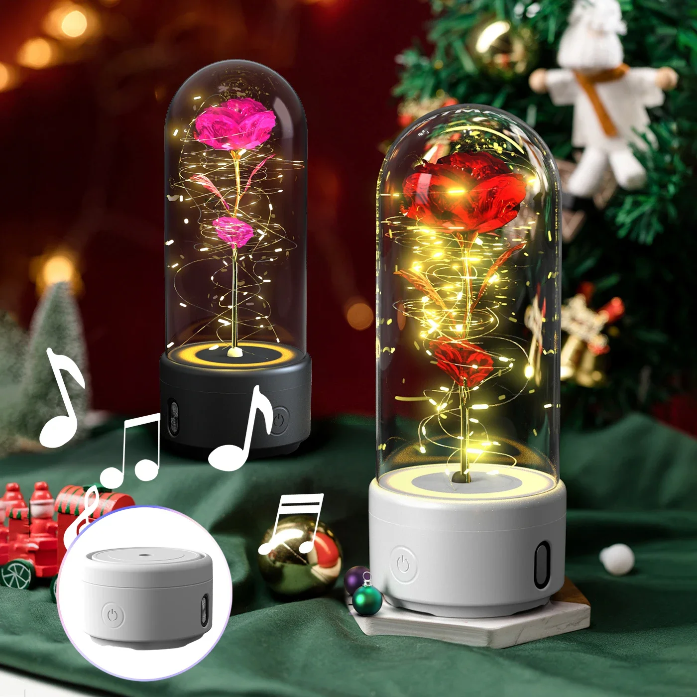 Creative 2 In 1 Rose Flowers LED Light And Bluetooth Speaker Christmas Gift Rose Luminous Night Light Ornament In Glass Co