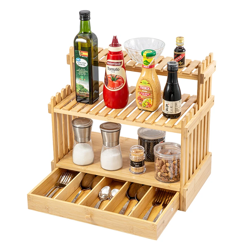 Bamboo and wood three-layer stand design, storage kitchen shelf above the sink, plate drying rack