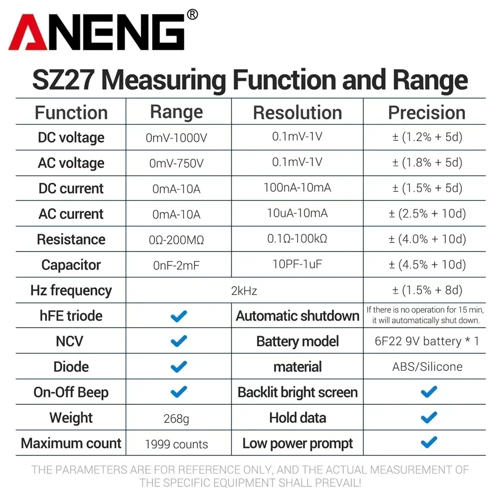 ANENG SZ27 1999 التهم الذكية المتعدد التيار المتناوب/تيار مستمر الجهد الحالي متر فاحص السعة أوم ديود هرتز hFE الصمام الثلاثي NCV أدوات الاختبار