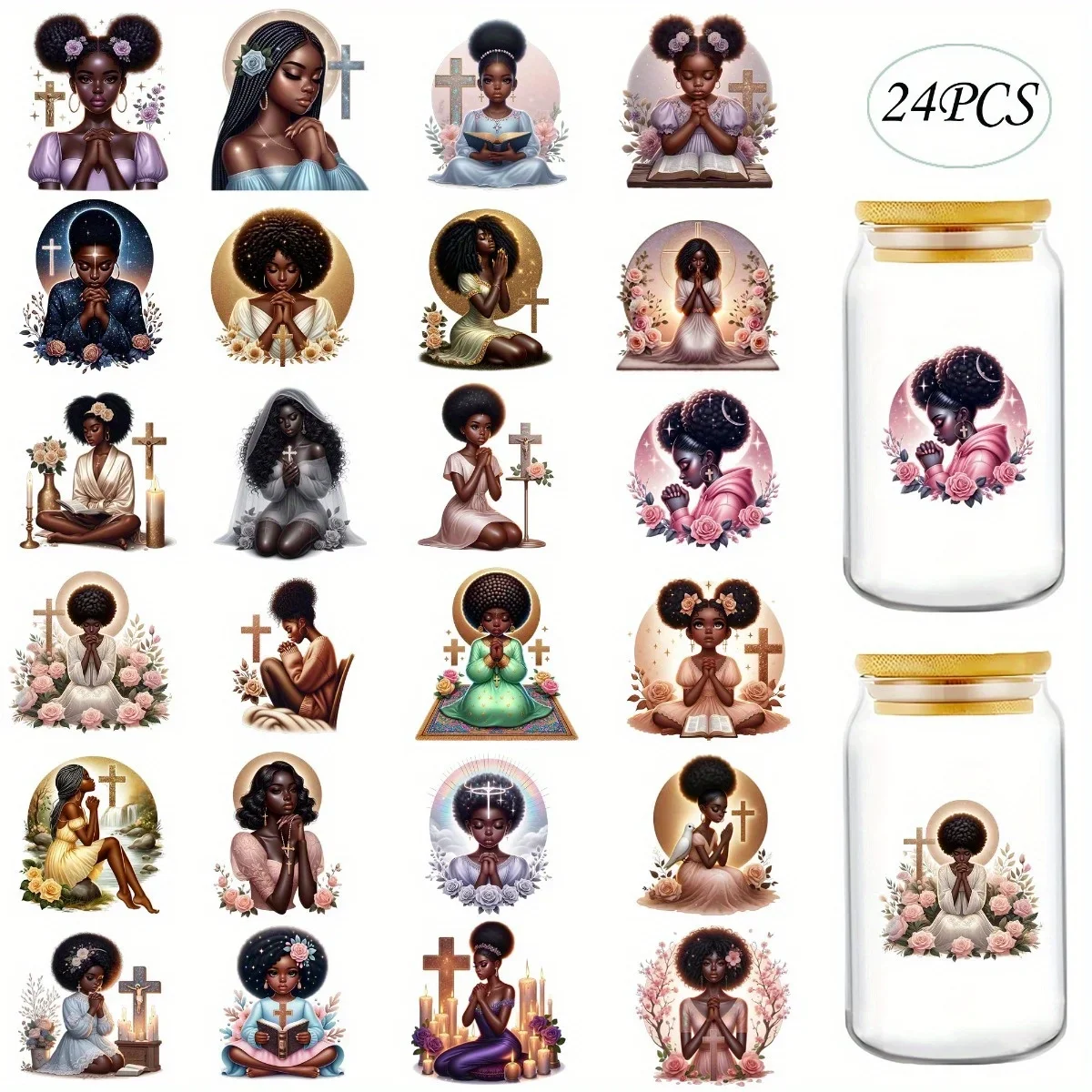 24 Stück/Set Schwarze Mädchen betenden DIY Glasbehälter-Aufkleber Kaffeetassen UV DTF Transfers Deko-Aufkleber für Tassen