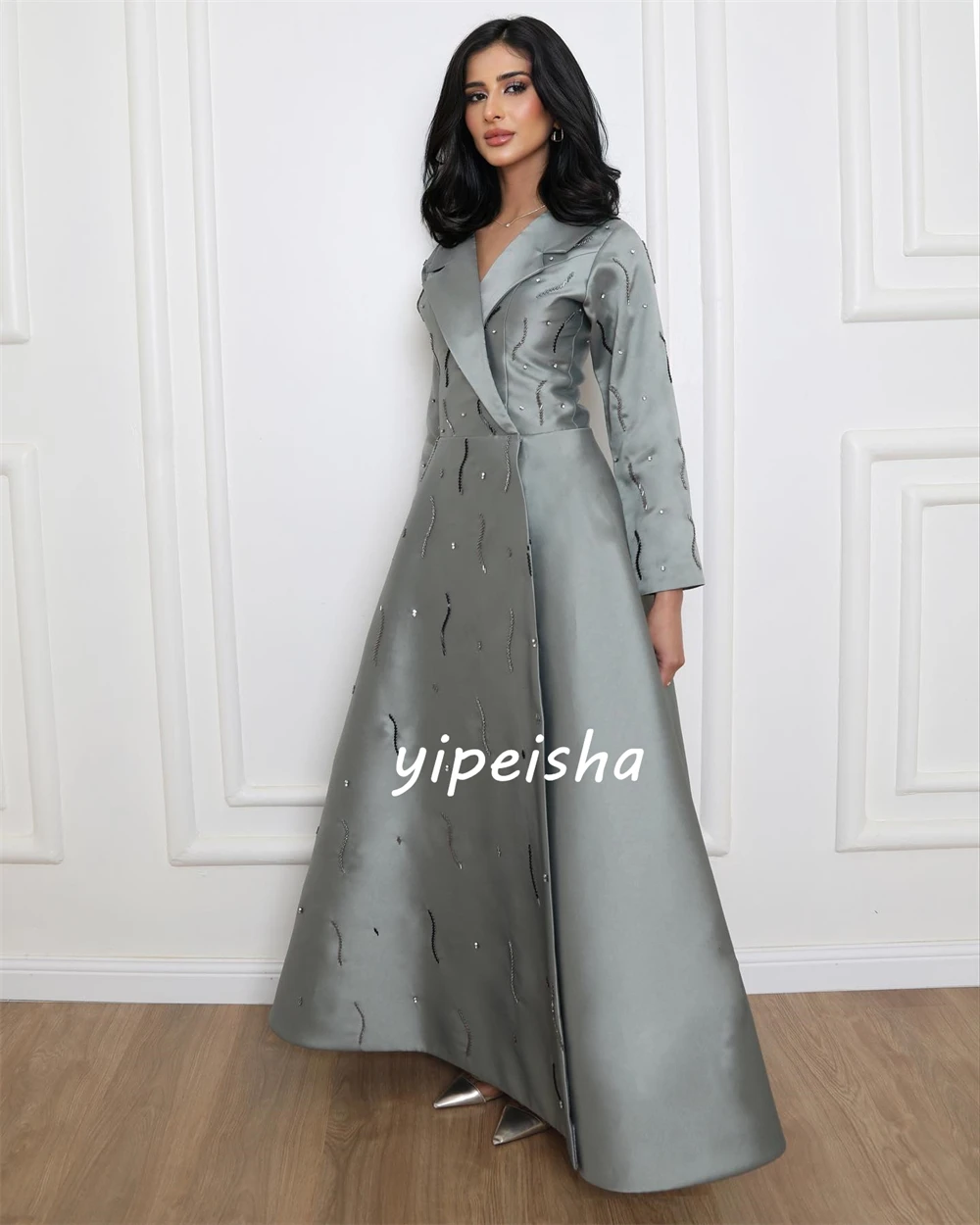 Customized Satin Rhinestone Birthday A-line V-neck Bespoke Occasion Gown Long Dresses