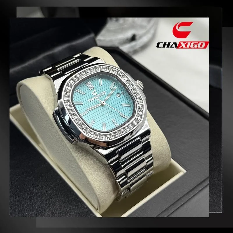 

CHAXIGO Men's Luxury Stainless Steel Strap Watch 43mm Diamond-Set Stainless Steel Calendar Luminous Waterproof Business Watch