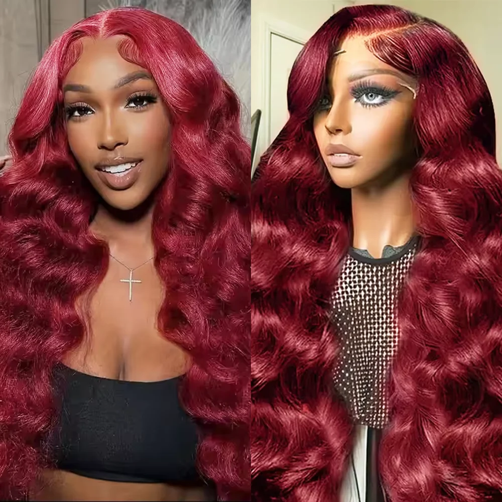 99J Farbige 13X6 HD Lace Front Echthaar-Perücken, Vorgezupfte Body Wave Lace Front Perücke, Rot-Burgunder Transparente Lace Frontal Perücken