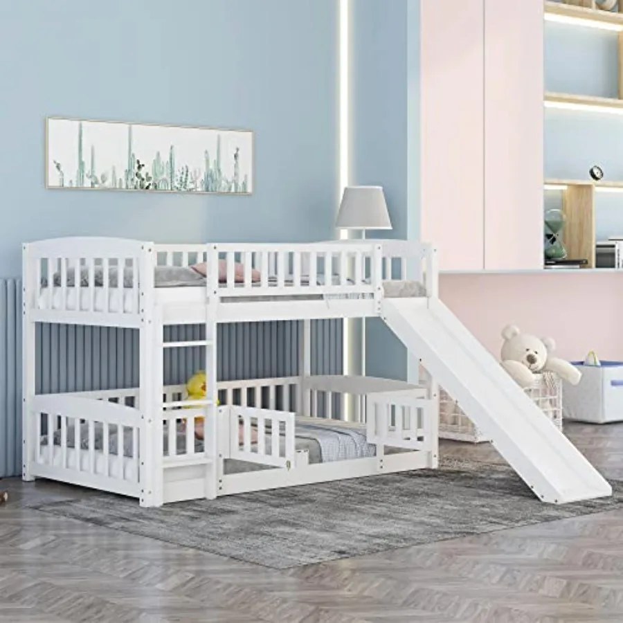 

Bunk Bed Slide and Stairs, Twin Bunk Bed for,Girls, Boys, Floor Bunk beds with Fence and Door