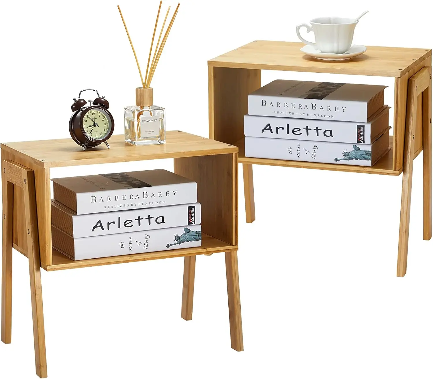 Bamboo Stackable End Tables, Wood Living Room Nightstand, Bedside Tables for Bedroom Storage, Set of 2