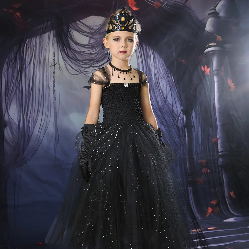 Dark Princesss Girls Evil Queen Halloween Costume Tutu Dress Kids Cosplay Party Dress Tulle Dress Gothic Bride Wedding Dresses