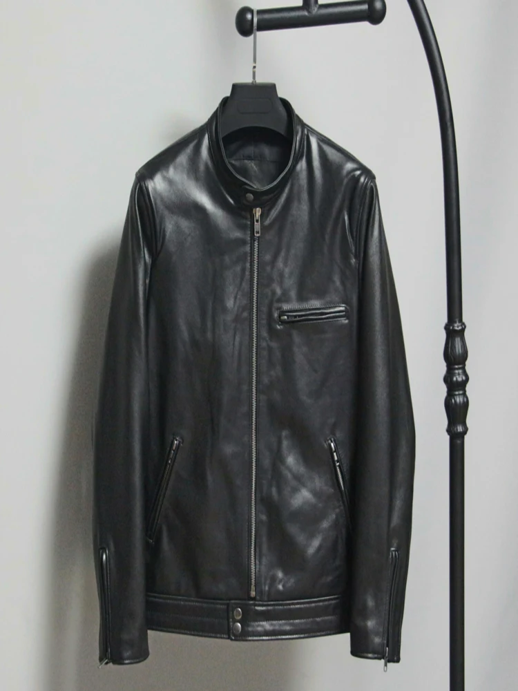 

YR!Free shipping.Wholesales EUR size 100% goatskin coat.black fashion men genuine leather jacket,short slim jacket.