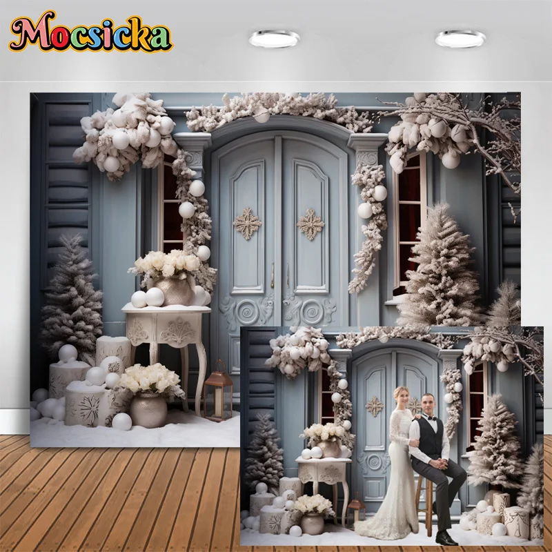 

Mocsicka Photography Backdrop Merry Christmas Wooden Door Snowy Background Birthday Family Portrait Cake Smash Studio Photo Prop