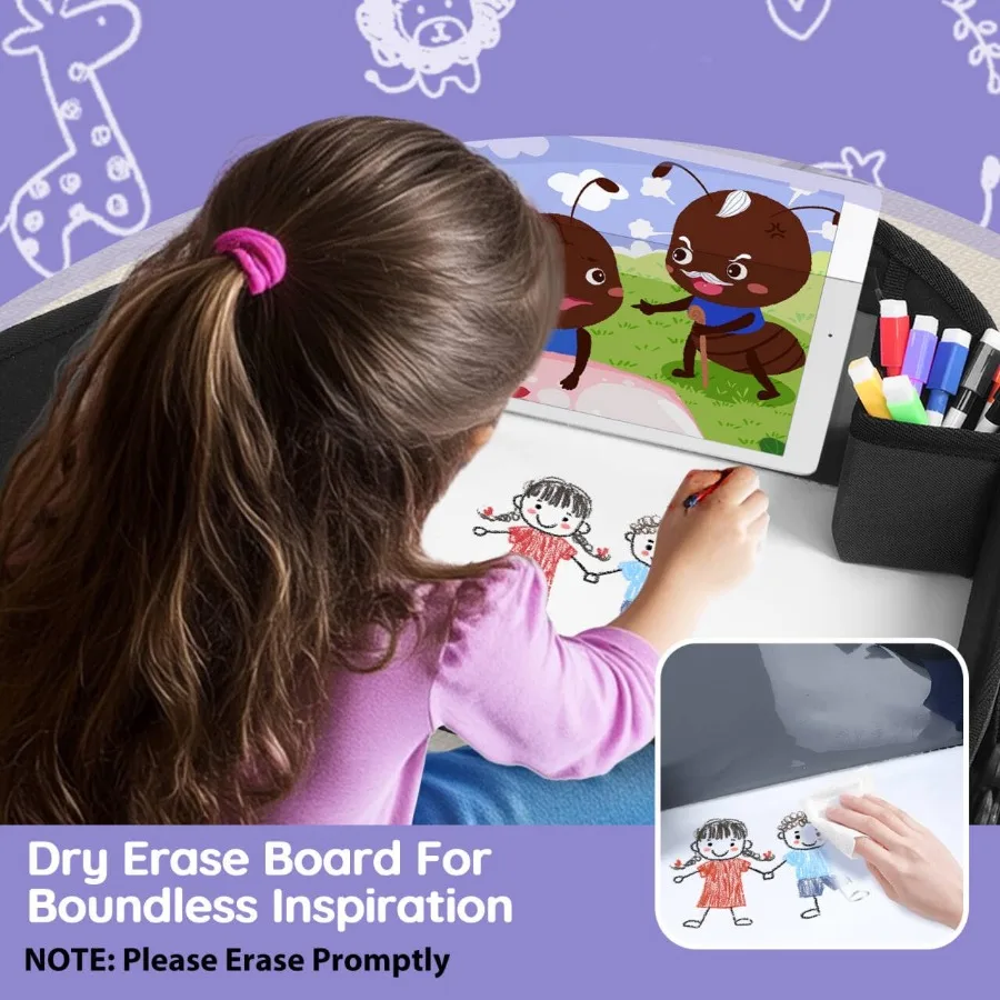 2 قطعة صينية السفر لمقعد السيارة رحلة الطريق أساسيات للأطفال الصغار مقعد السيارة صينية اللف مع لوحة المسح الجاف ومنظم التخزين ل #3