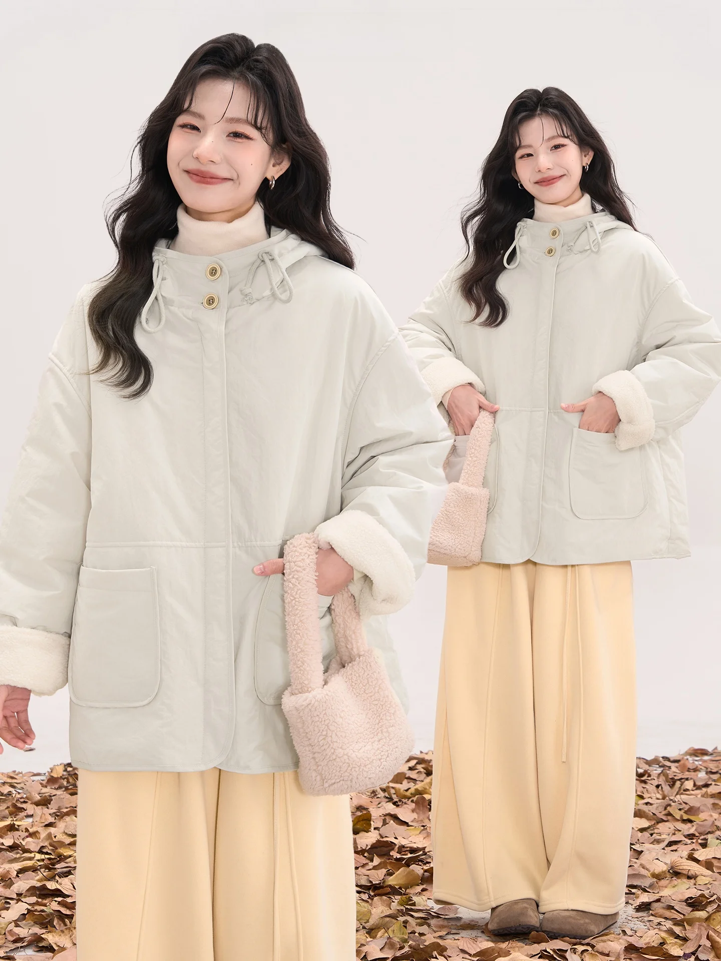 

Heme Academy Thiened Hooded Two-Button Cotton Jaet Women's Winter Lamb Fur Top Korean Sle Long Sve Loose Fit Coat