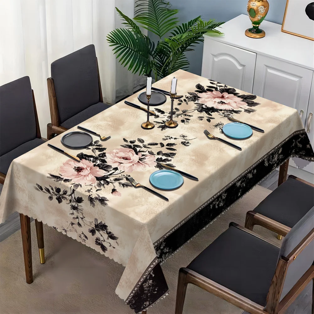 Vintage Chinese Pink Peony Floral Print Tablecloth Spill Stain Resistant Wipe Clean Cover For Dining Coffee Kitchen Indoor Table