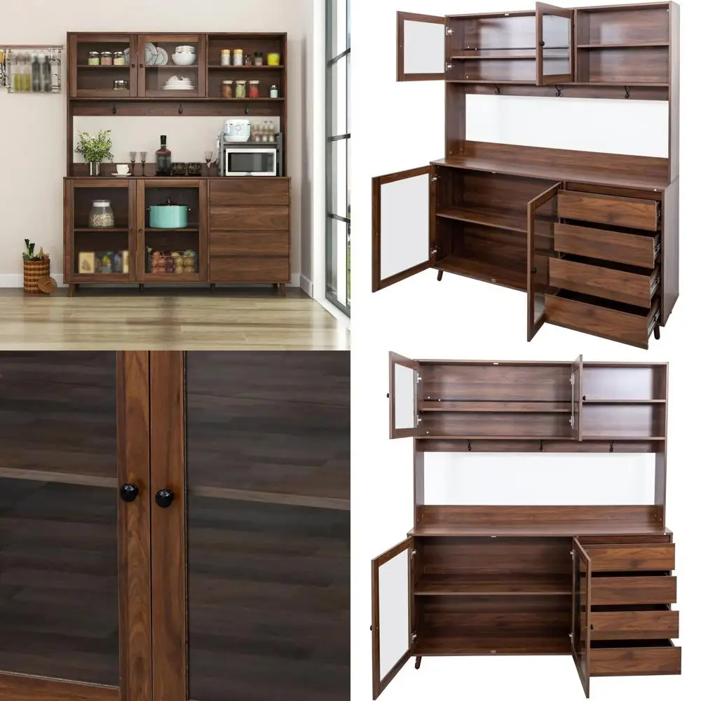 

63 Retro Wooden Standing Storage Pantry Cabinet with 4 Doors, 4 Drawers, Open Shelves, Hanging Hooks for Kitchen, Dining Room in