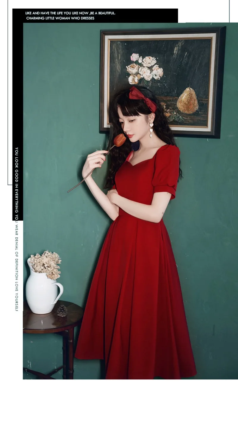 Elegante rode midi-jurk dames zomer Koreaanse vintage avondfeestjurk Franse casual mode formele gelegenheden eendelige jurk