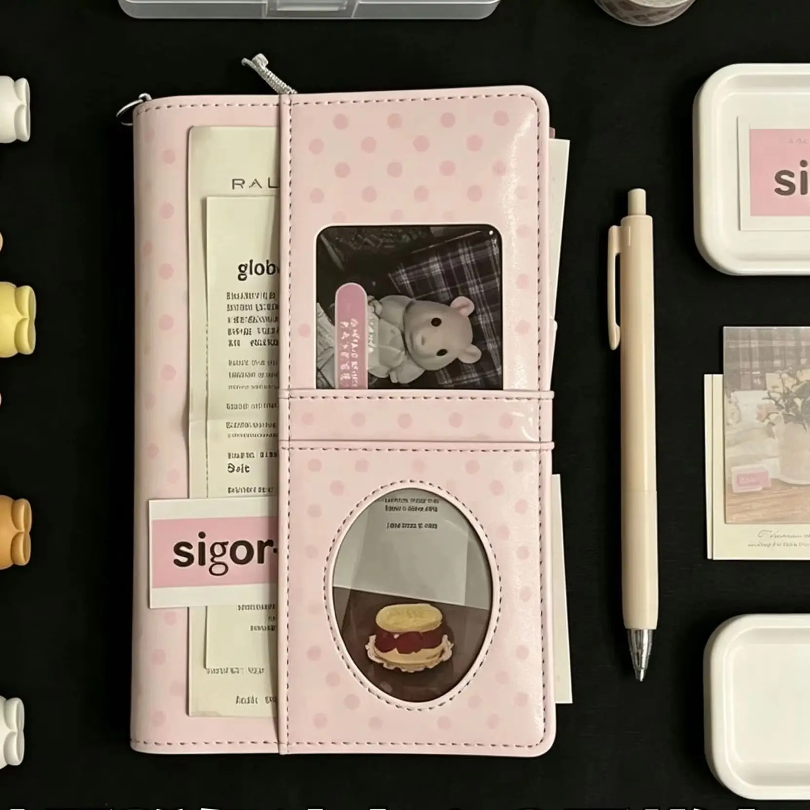 A6 Pink Polka Dot PU Loose Leaf Binder Notebook DIY Clip-on Journal Planner for Students School Stationery