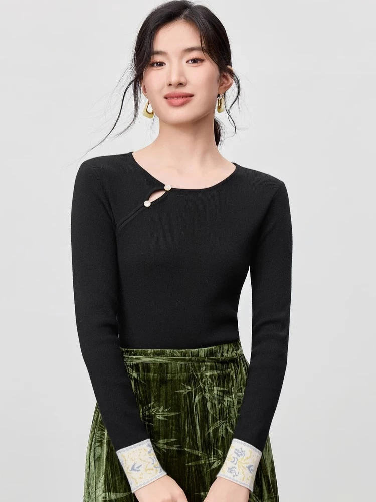 

SENTUBILA Women's Long Sleeve Top 2025 Chinese Style Solid O-neck Knit Sweater Hollow Out Slim Fit Pullovers Elegant W53HD3956