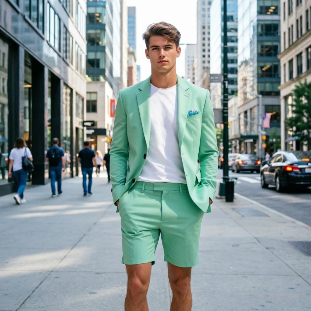 

Мужской льняной костюм-двойка цвета шалфейной зелени с шортами, однобортный, с накладными карманами, повседневный, для пляжа, летний, легкий, мягкий