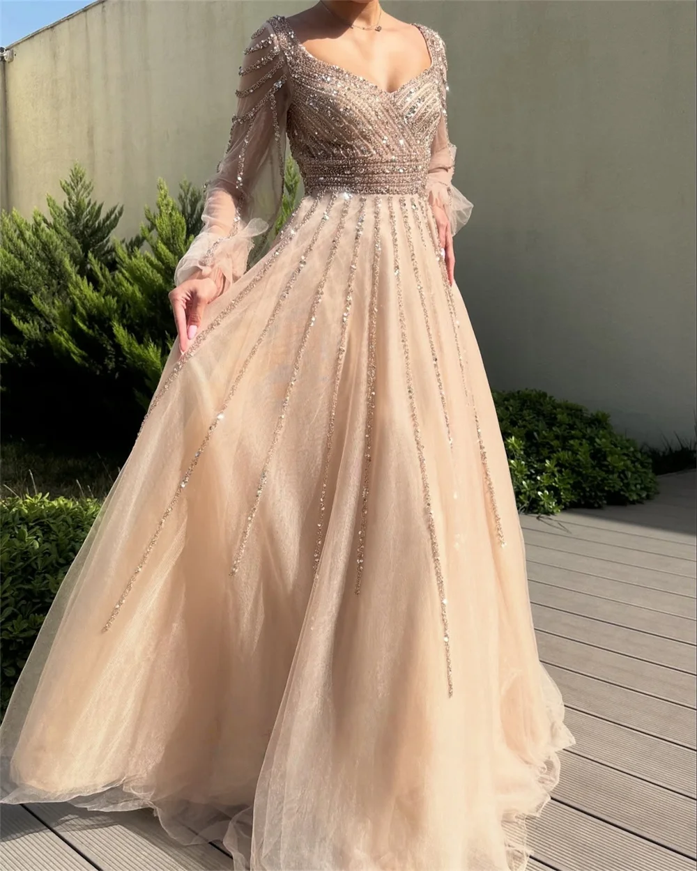 Cathy Customized A-Line V-Neck Beaded Prom Dresses Tulle Long Sleeve vestidos de noiva Elegant Floor-Length Formal Evening 2025 image 2