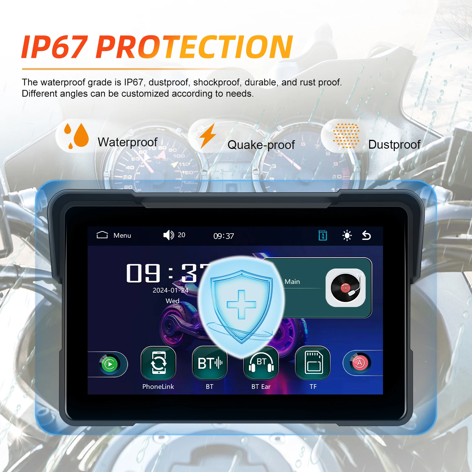 Podofo 7\'\' Motorcycle Carplay Android Auto Navigation GPS Motorcycle DVR Bluetooth EQ IP67 Waterproof Airplay Android Cast 12V