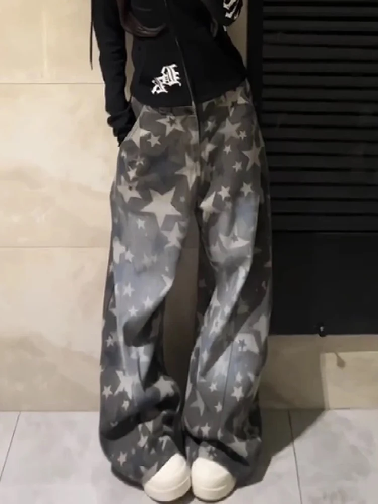 

Y2K Sweet Cool Spicy Американский стиль Звездный принт Широкие джинсы Женские свободные утягивающие прямые брюки с высокой талией