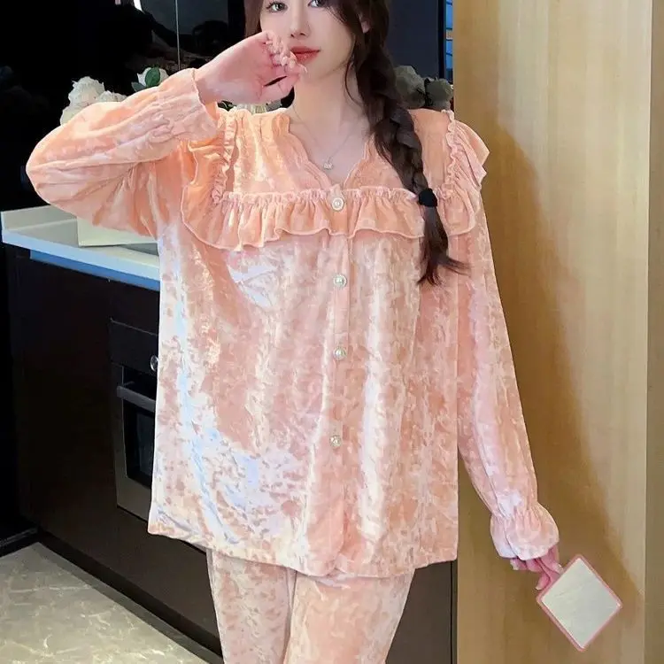 

PJs SetWomen's pajama setGolden Diamond FleeceFashionable home clothes, pajamasWomen's warm winter pajamasCute and soft