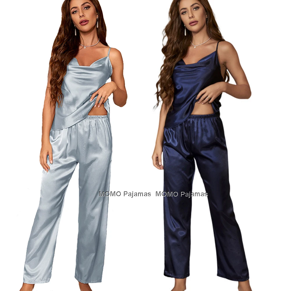 Womens Satin Silky Pajama Set Camisole Tops with Long Pajama Pants Set Soft PJs Loungewear Two Piece Nightwear Blue Pink S-XL