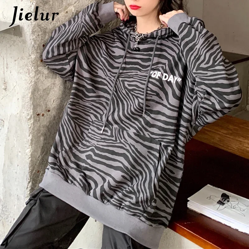 Jielur Autumn New Style Loose Long-sleeved Gray Zebra Stripes Hoodies Female Letter Printed Pocket Hooded Sweatshirts Women M-XL