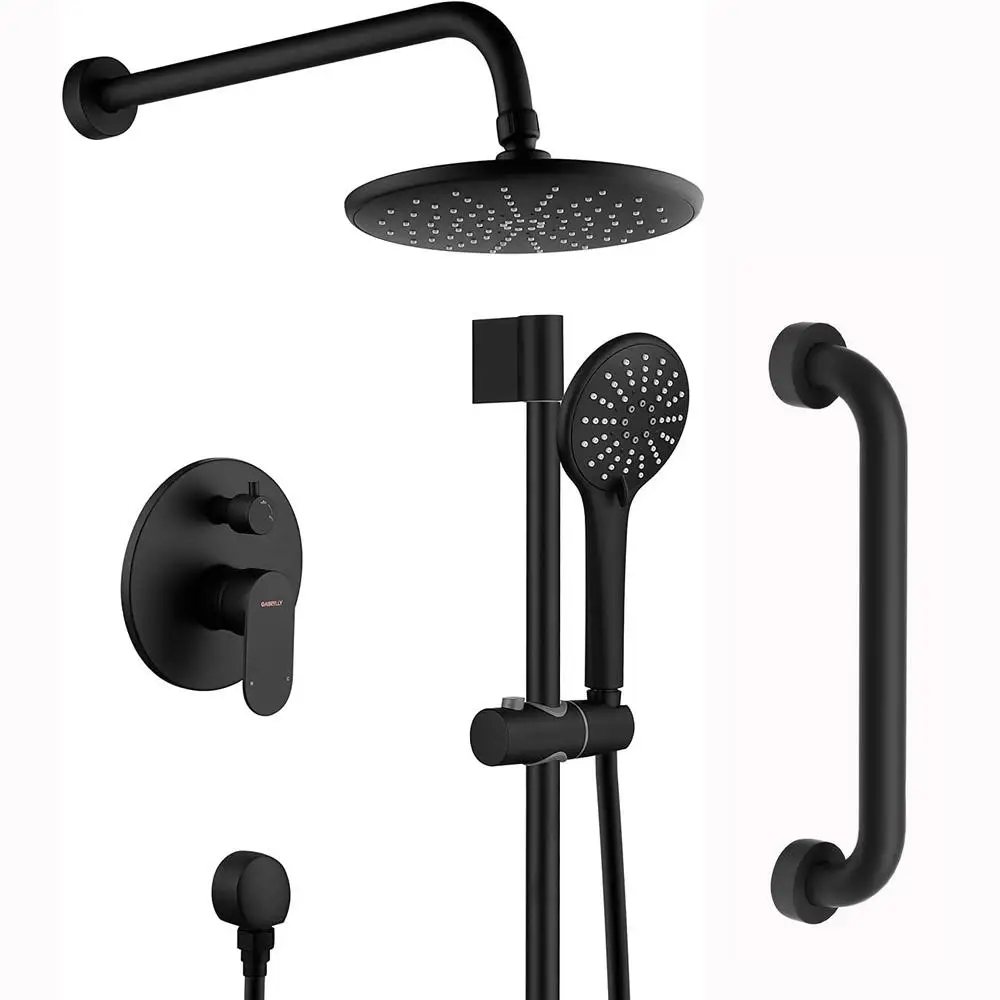 Matte Black Shower System Wall Mounted 3 Functions Handheld 8 Inch Rain Shower Head Pressure Balance Valve Adjustable Grab Bar