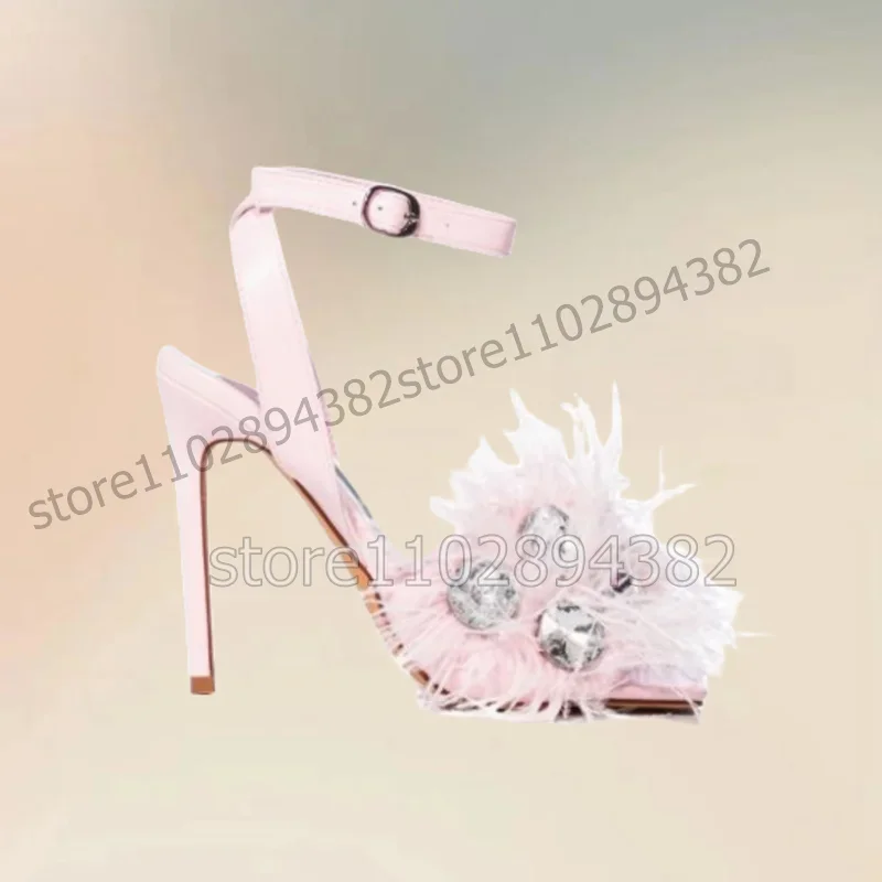 

Pink Feather Crystal Decor Open Toe Sandals Ankle Buckle Strap Women Shoes Thin High Heels Sexy Fashion 2023 Zapatos Para Mujere