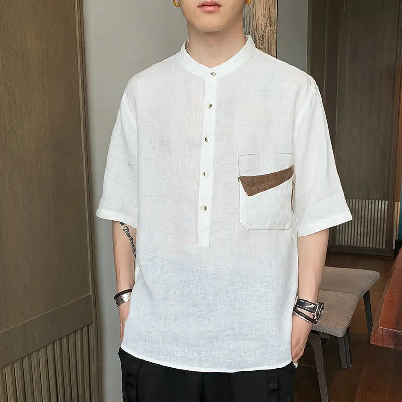 2024 Summer New Trendy and Handsome Short Sleeves Thin Simple and Breathable Japanese Men\'s Pocket Shirt with 5/4 Sleeve Top