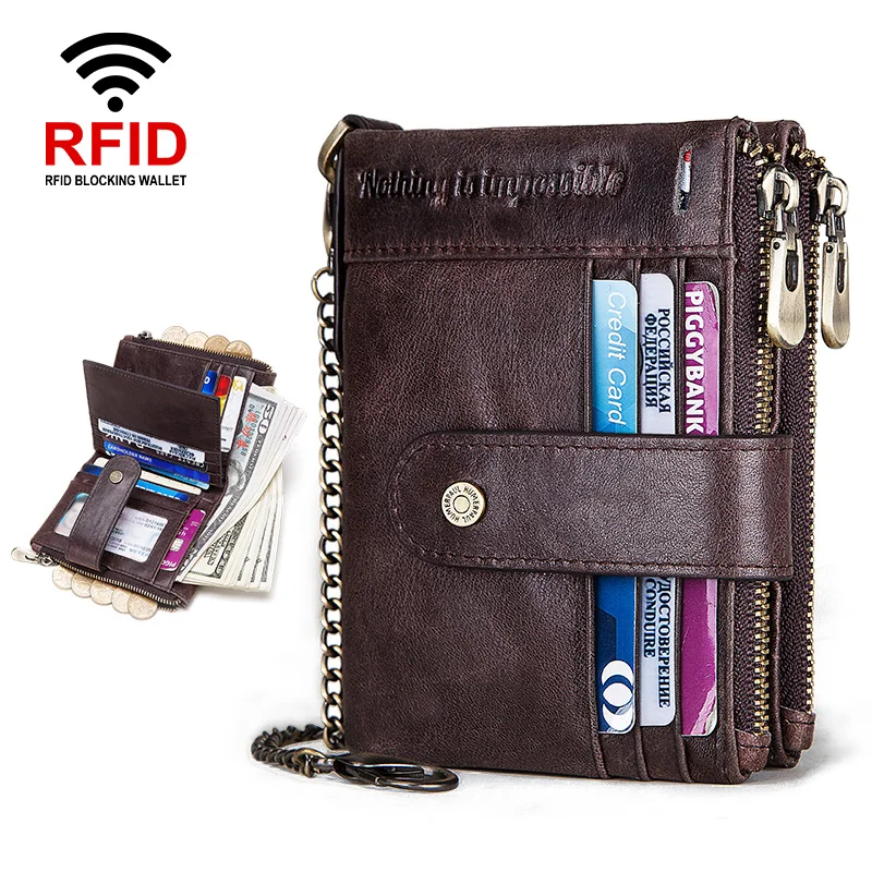 KAVIS Wallet for Men Top Layer Leather RFID Credit Card Holder Purse Anti-theft Chain Bilker Money Bags Male Slim Carteiras