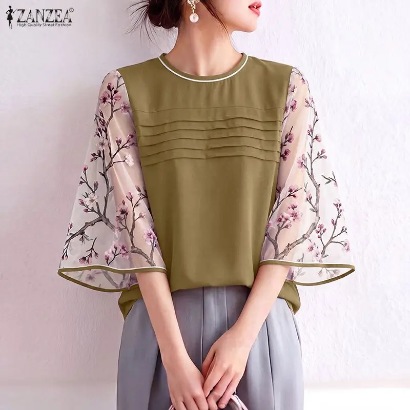 

Women Summer Patchwork Blouse 2026 ZANZEA Stylish Holiday Shirt O Neck 3/4 Sleeve Floral Tops Elegant Work Blusas Mujer Femme