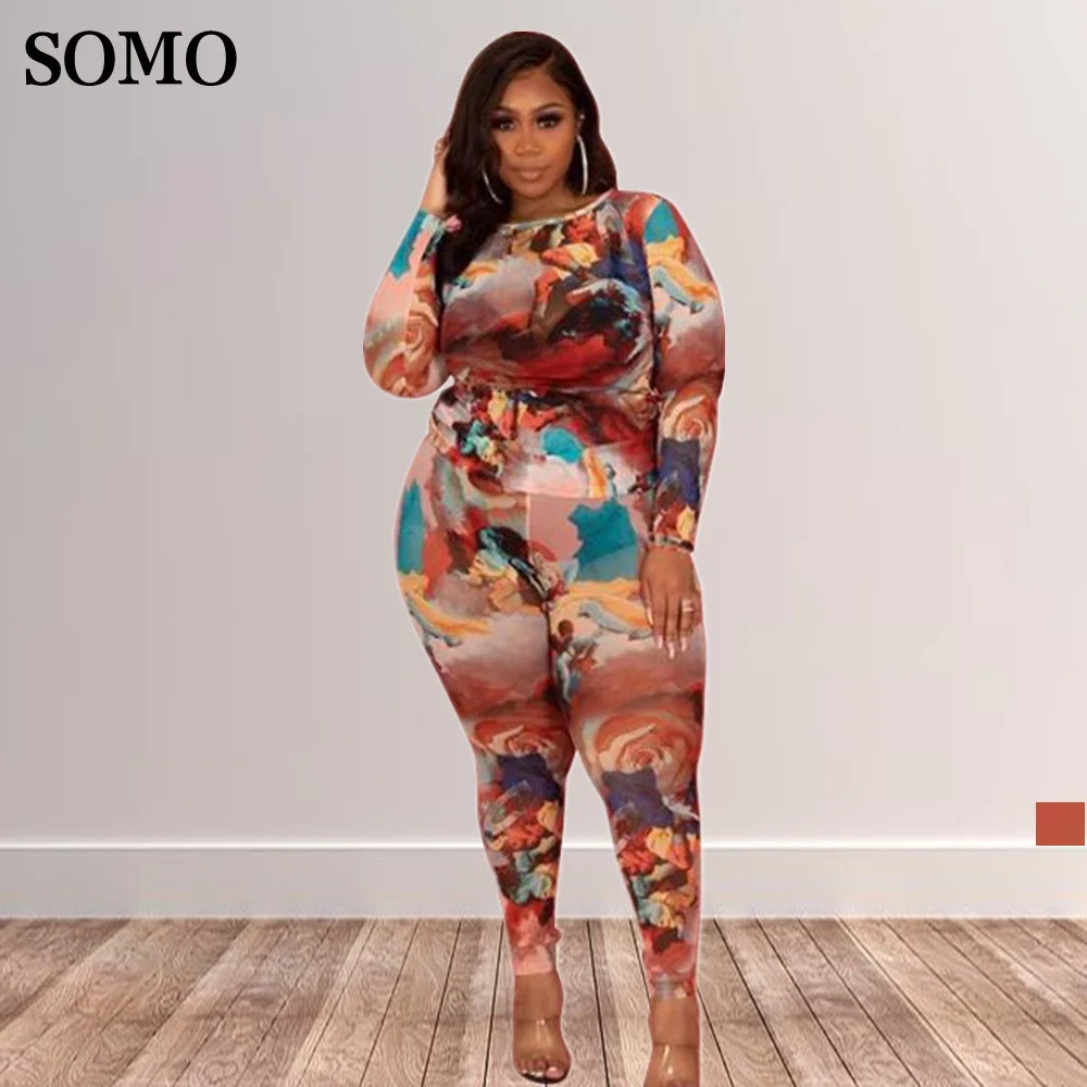 SOMO 5XL حجم كبير غير رسمي س الرقبة طويلة الأكمام طباعة بلوزات وسراويل طويلة قطعتين مجموعات الخريف المرأة رياضية بالجملة دروبشيبينغ