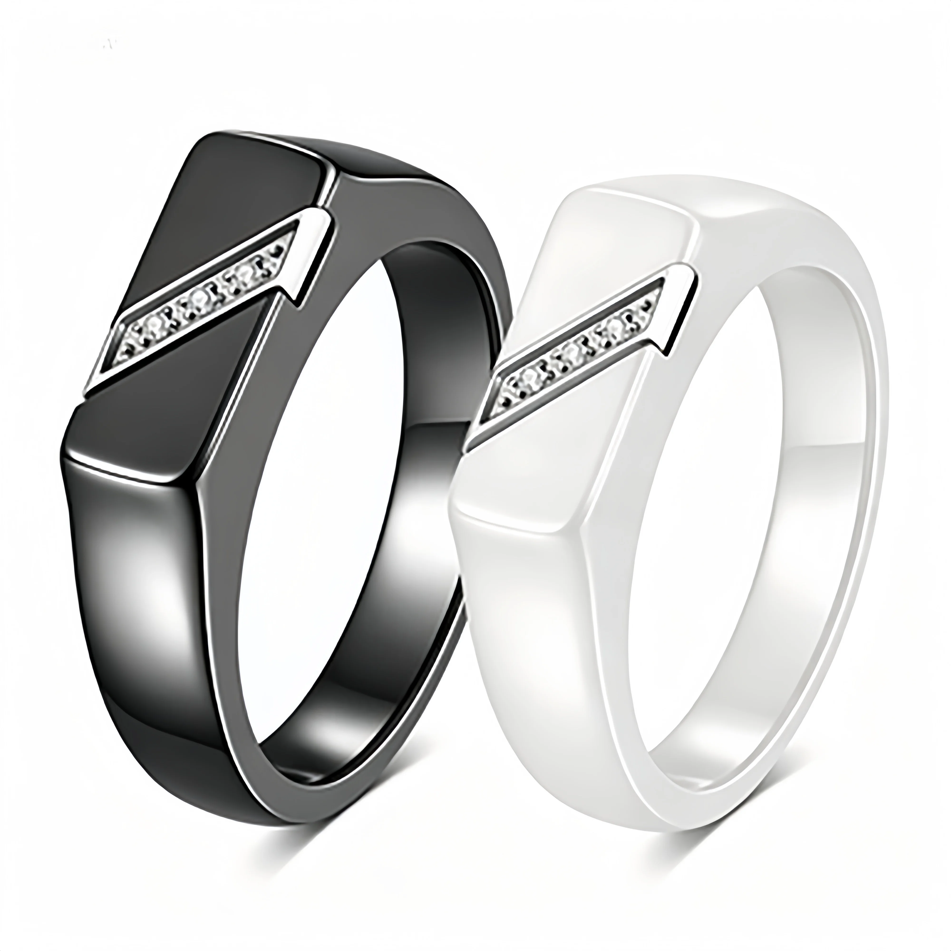 Men's Fashion White Ceramic Ring, Geometric Square Band with Diagonal Inlaid CZ for Daily Wear