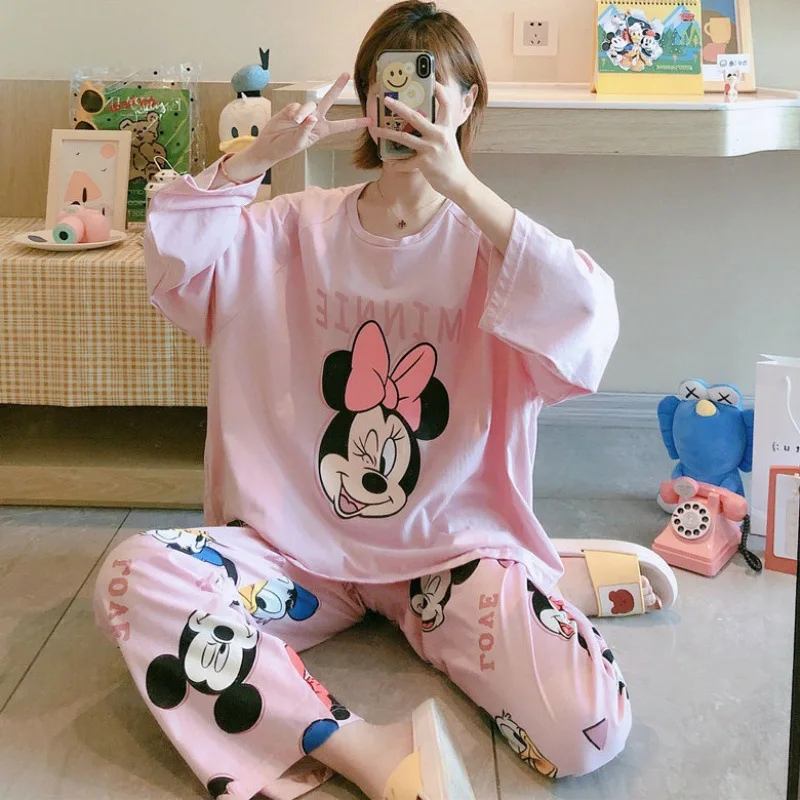 Disney Cartoon Mickey Minnie Donald Duck Print Women's Pajamas Spring Autumn Long Sleeve Pants Plaid Thin Homewear Set Pajamas