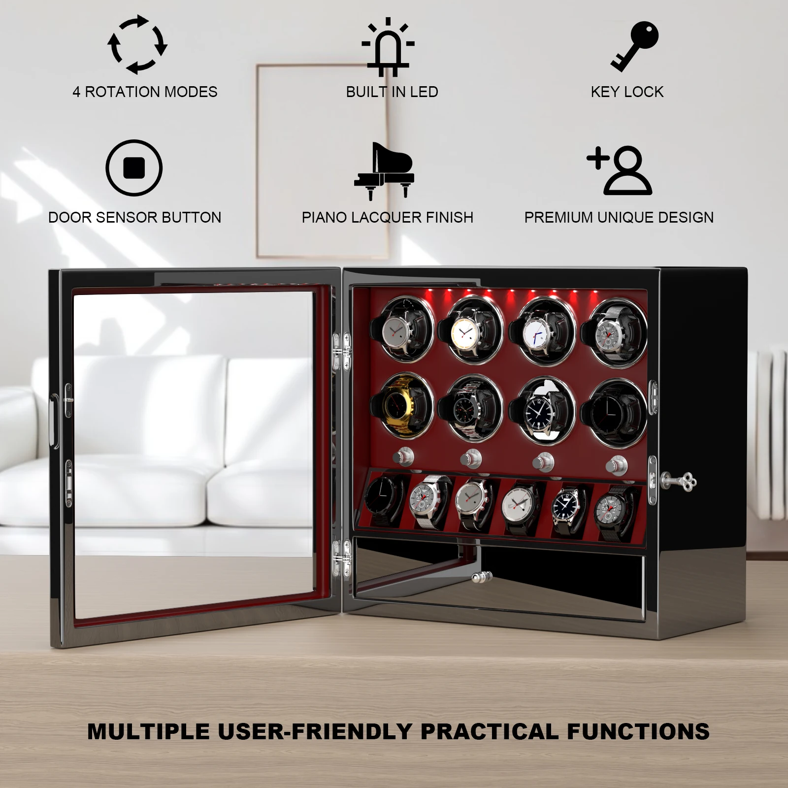 Automatic 8 Watch Winder Box with 6 Display Slots Jewelry Collector Box Mabuchi Motor Patented Design for Watch Storage