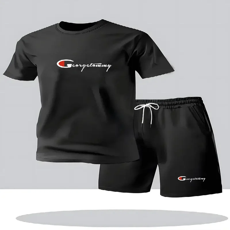 Men's Summer Minimalist Round Neck Short Sleeved T-shirt and Shorts Two-piece Outdoor Casual Sports Men's Short Sleeved Set