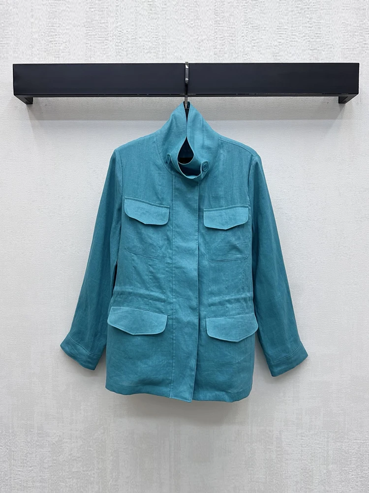 Spring Summer Fashion Cyan Color Casual Straight Barrel Linen Coat Women's Stand Collar Button Multi Pocket Long Sleeve Coat