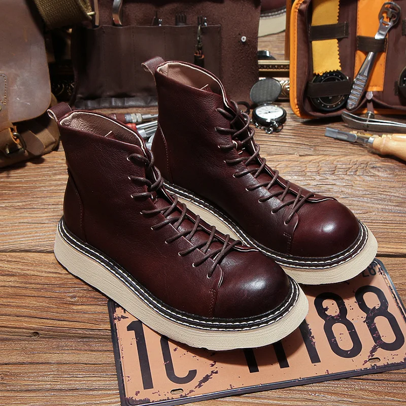 

New Handmade Men British Ankle Boots Antumn Winter Cow Leather Vintage Tooling Boots Business Outdoor Motorcycle Boots